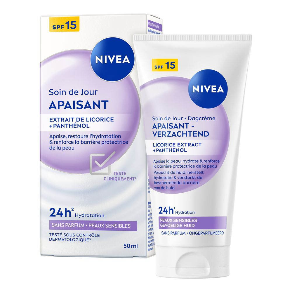 NIVEA Verzachtende Dagcrème SPF15, 50ml tube en kartonnen verpakking.