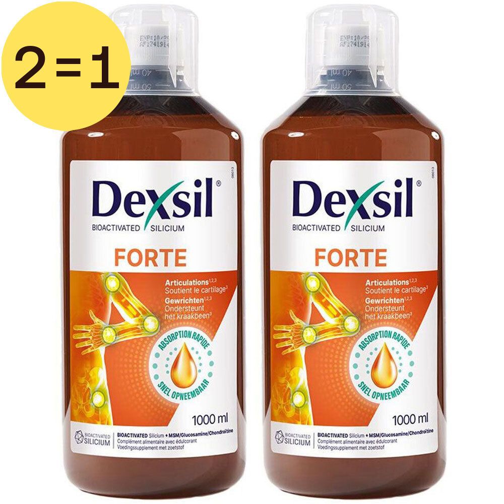 Twee flessen Dexsil Forte. Opschrift: Bioactivated Silicium, Forte, 1000 ml. Geel etiket met illustratie van gewrichten.