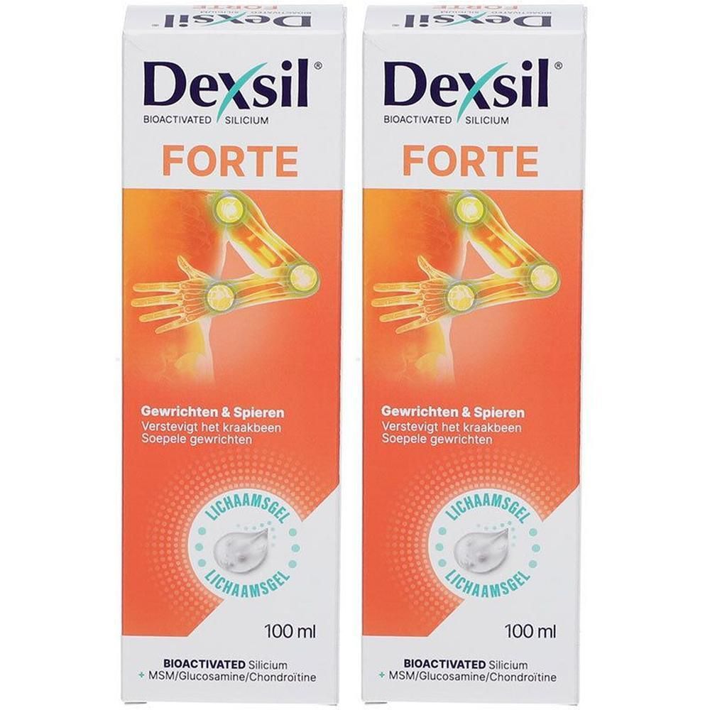 Twee tubes Dexsil Forte. Witte tubes met oranje etiket. Tekst: Forte, gewrichten & spieren, 100 ml.