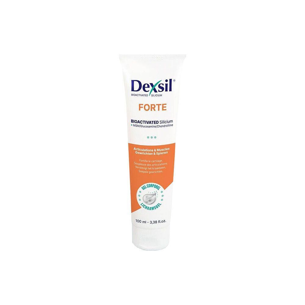 Witte tube Dexsil Forte. Oranje etiket met productinformatie. 100 ml.
