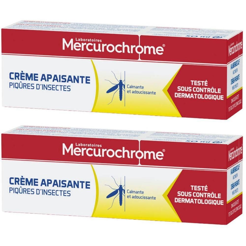 Twee dozen Mercurochrome Crème apaisante. Rode en witte verpakking met productnaam en informatie. Dermatologisch getest.
