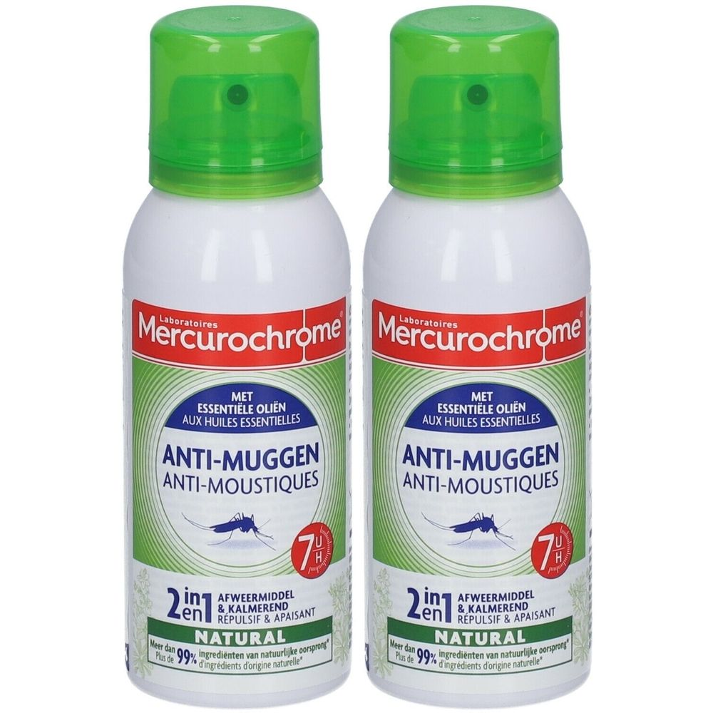 Deux sprays blancs avec bouchons verts. Inscription: Mercurochrome, Anti-Muggen, 2-en-1, ingrédients naturels.