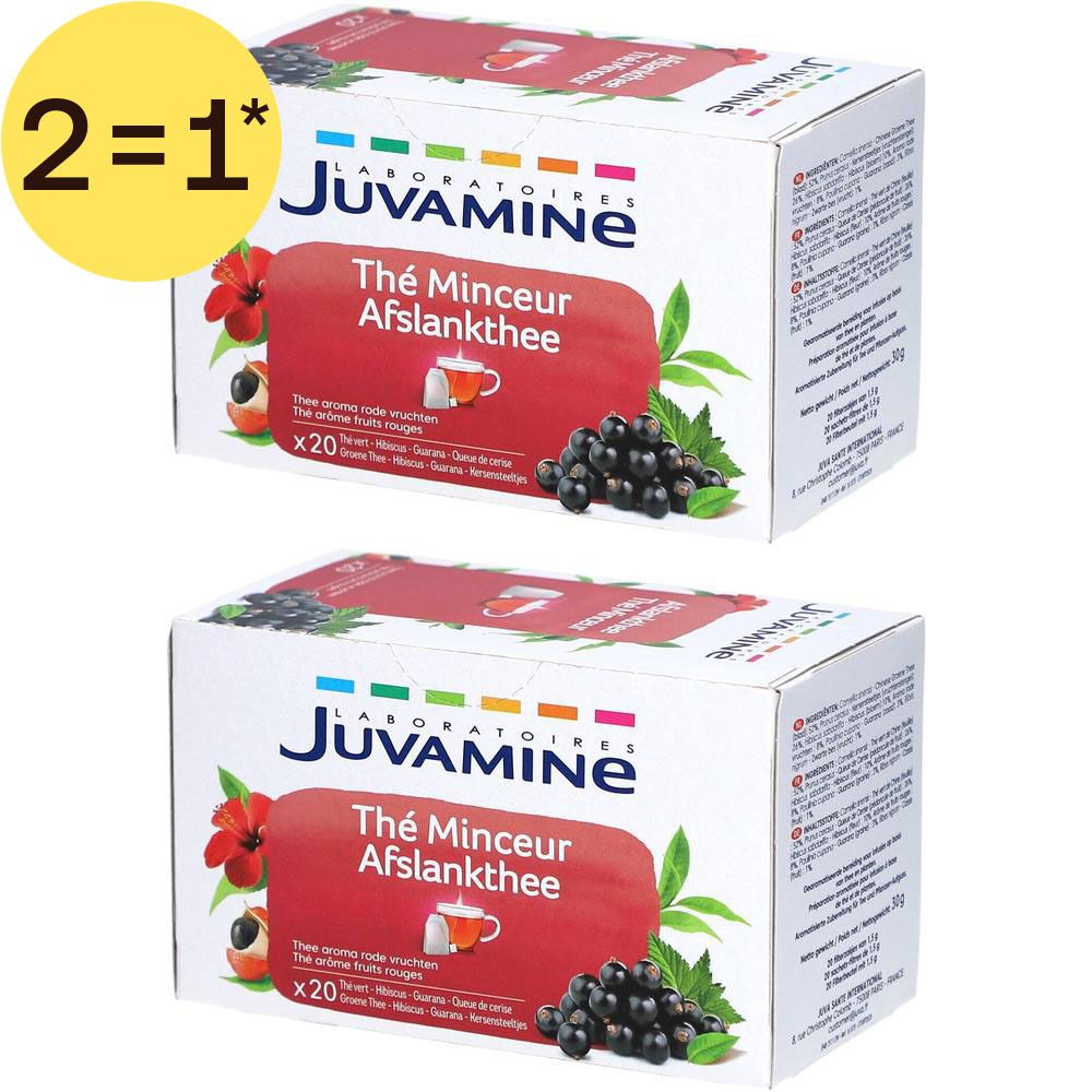 Twee dozen Juvamine Thé Minceur Afslankthee met zwarte bes en rode bloem.