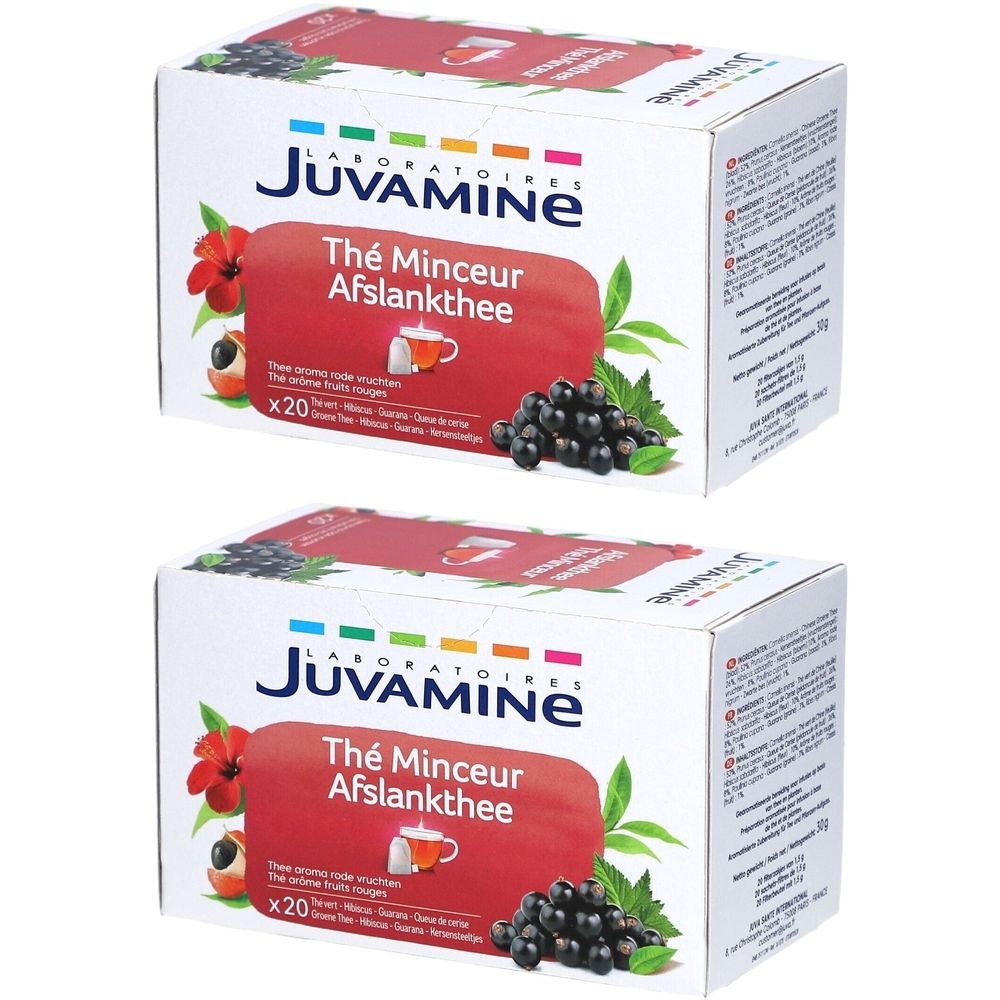 Twee dozen Juvamine afslankthee. Opschrift: Thé Minceur Afslankthee. Illustratie van fruit en theezakje. Verpakking met 20 zakjes.