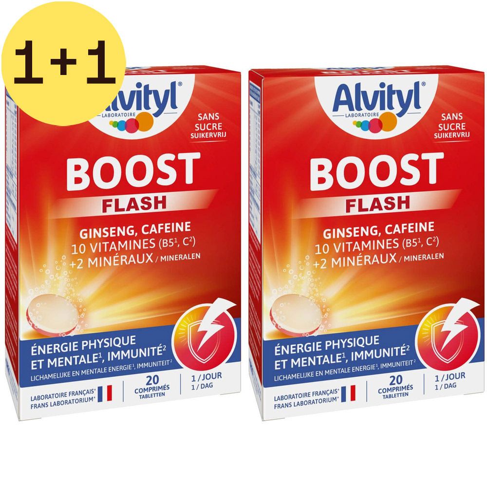 Deux boîtes Alvityl Boost Flash. Emballage rouge avec informations produit et le mot "Boost".