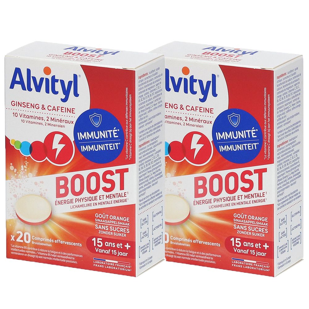 Deux boîtes Alvityl Boost. Emballage rouge et blanc avec informations produit et mot "Boost".