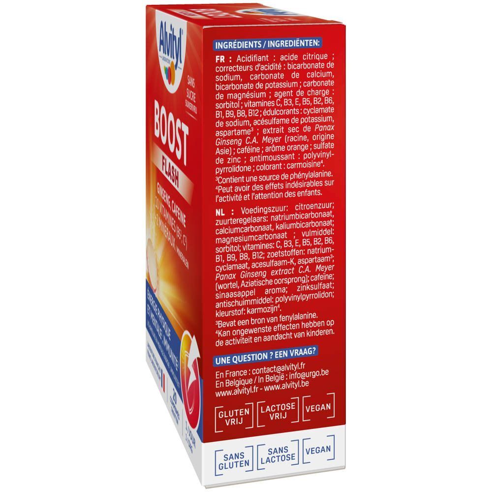 Zijaanzicht van de Alvityl Boost Flash verpakking. Bevat ingrediëntenlijst in het Frans en Nederlands. Glutenvrij, lactosevrij, vegan.