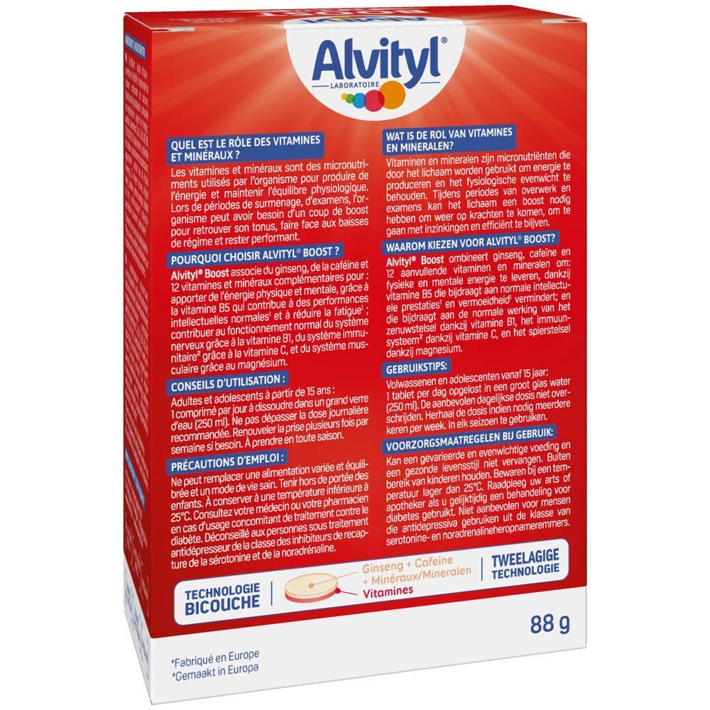 Achterkant van de Alvityl Boost Flash verpakking. Tekst over vitaminen en mineralen. Gebruiksaanwijzing in het Frans en Nederlands.