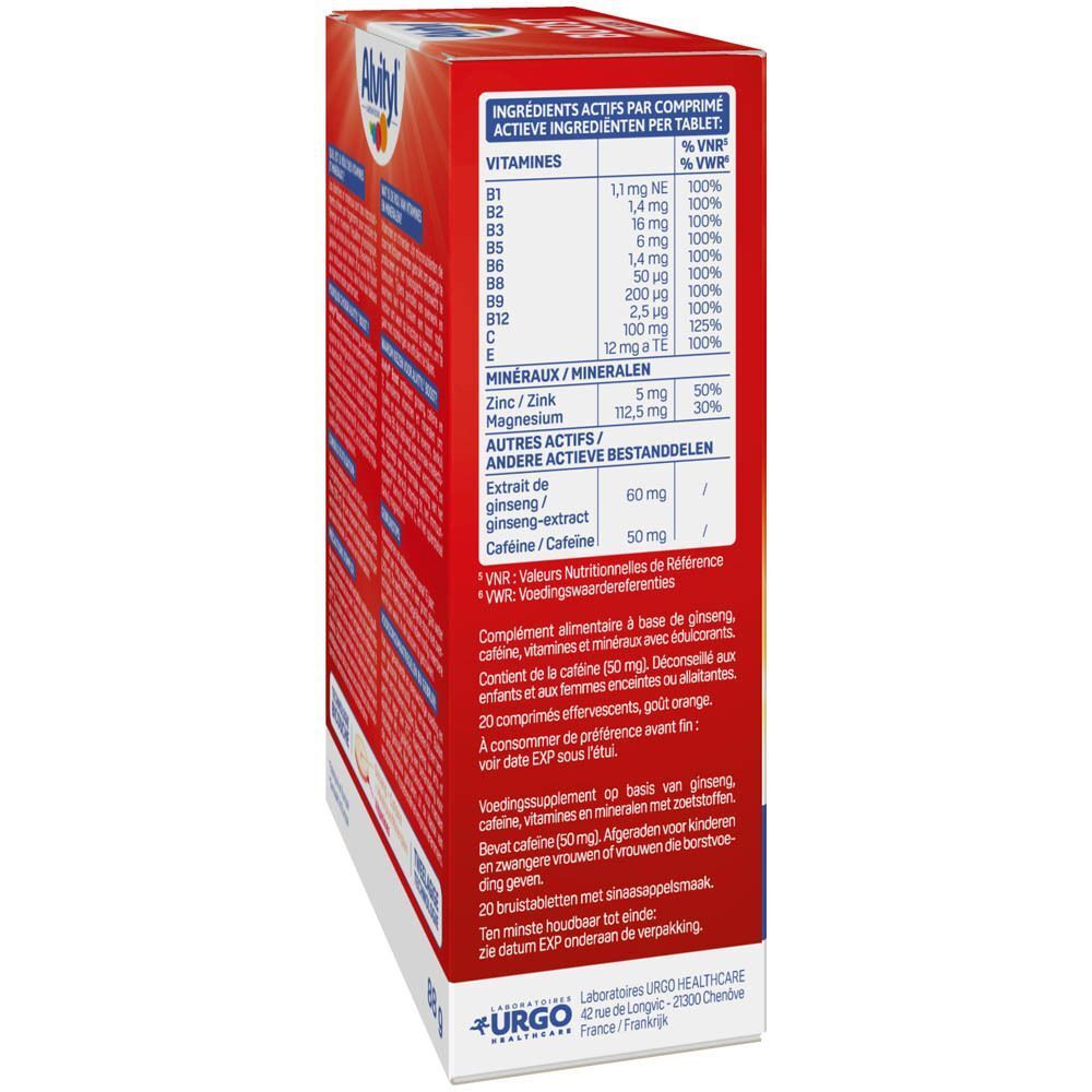 Achterkant van de Alvityl Boost Flash verpakking. Bevat voedingsinformatie en ingrediënten. Bevat ook informatie over cafeïne.