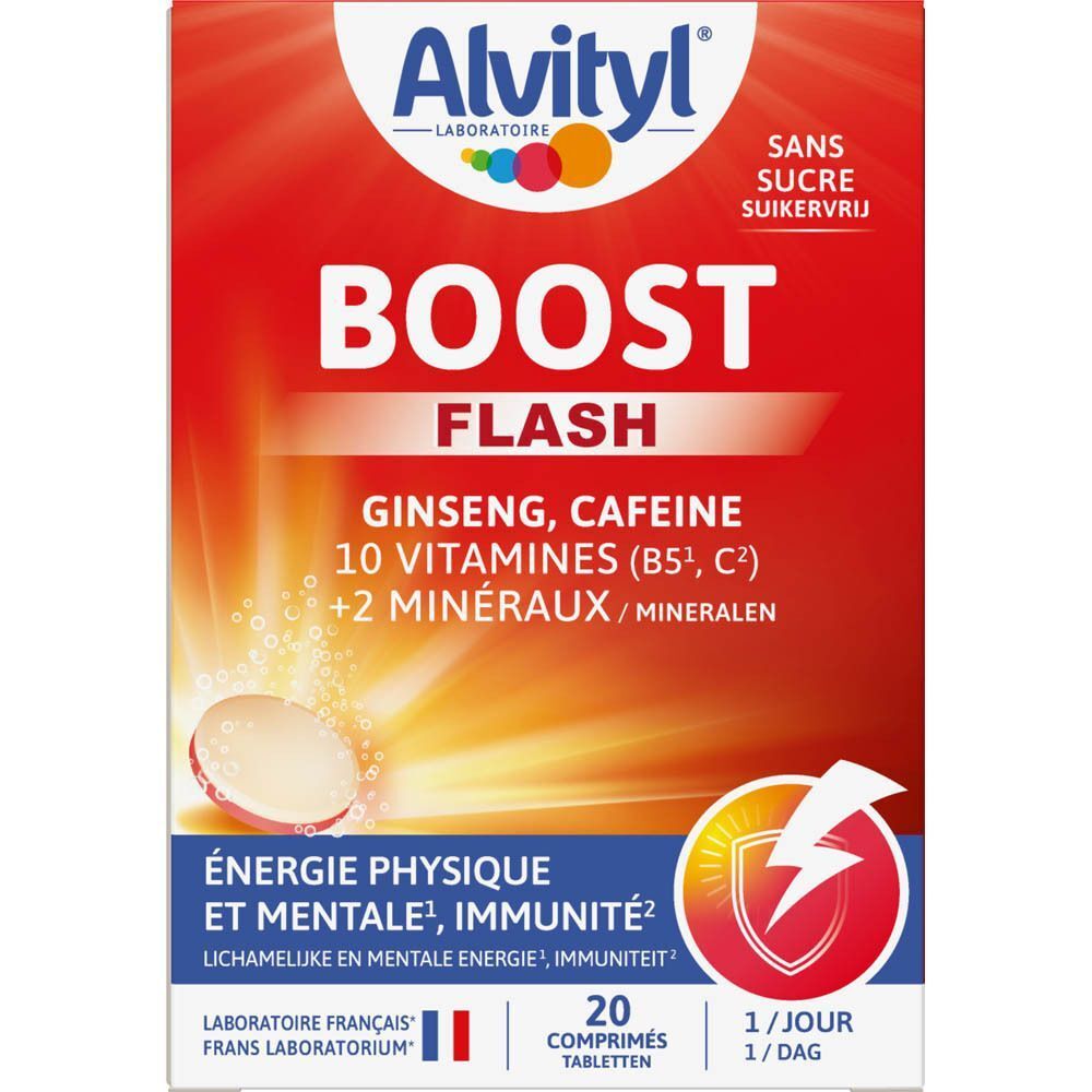 Alvityl Boost Flash verpakking. Opschrift: Ginseng, cafeïne, 10 vitaminen, 2 mineralen. 20 tabletten. 1/dag.