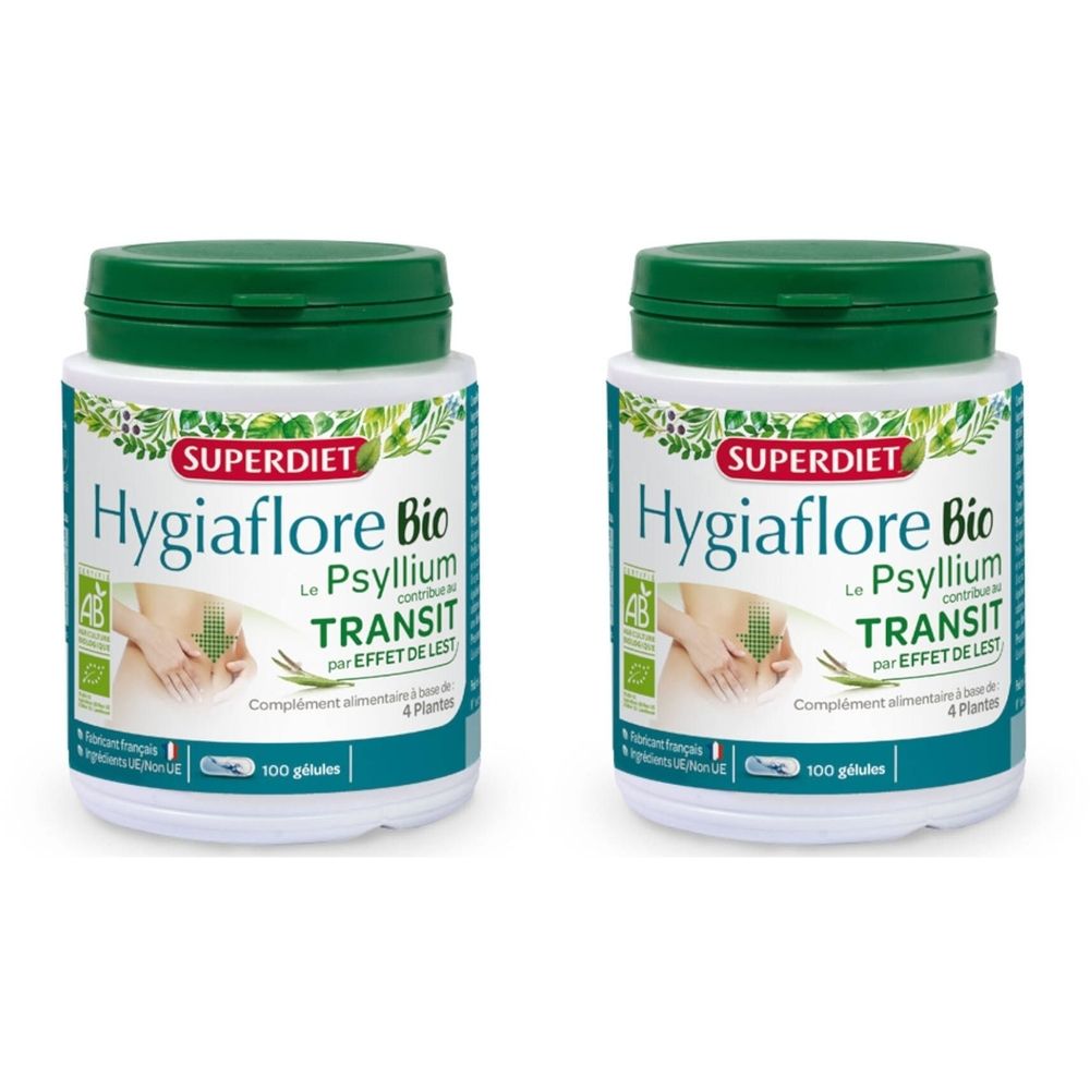 Twee witte flessen met groene deksels. Opschrift: SUPERDIET Hygiaflore Bio, Psyllium, Transit. 100 capsules. Bio-certificering.