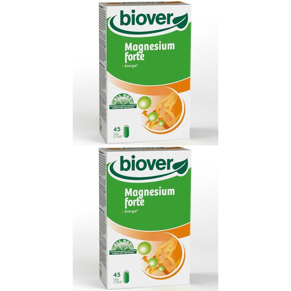 Deux boîtes de Biover Magnesium Forte. Design vert et blanc. Inscription Magnesium Forte et 45 comprimés. Avec logo et certification.