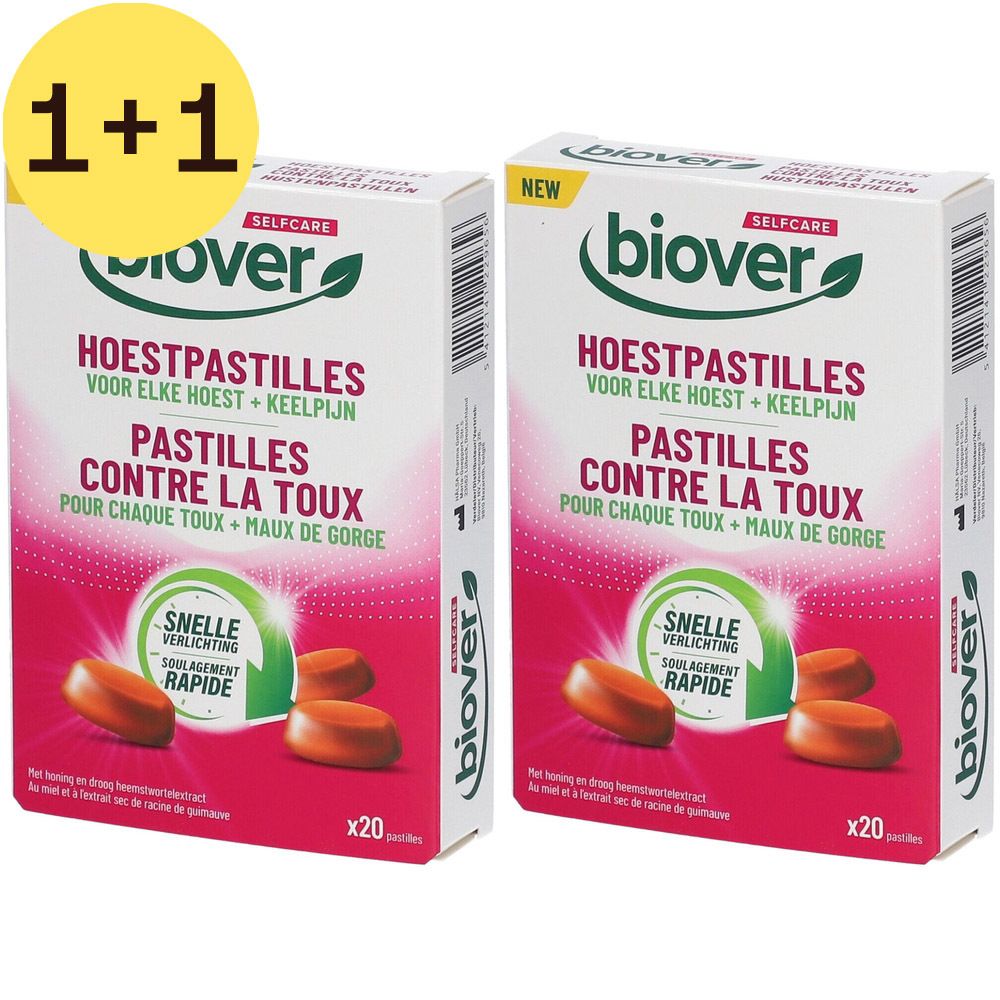 Twee dozen Biover hoestpastilles. Opschrift: Pastilles contre la toux. 1+1 gratis. Oranje pastilles ernaast.