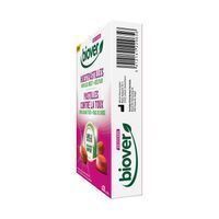 Vue arrière d'une boîte de pastilles Biover pour la toux. Contient des informations et un code-barres. L'emballage est blanc avec des accents roses.