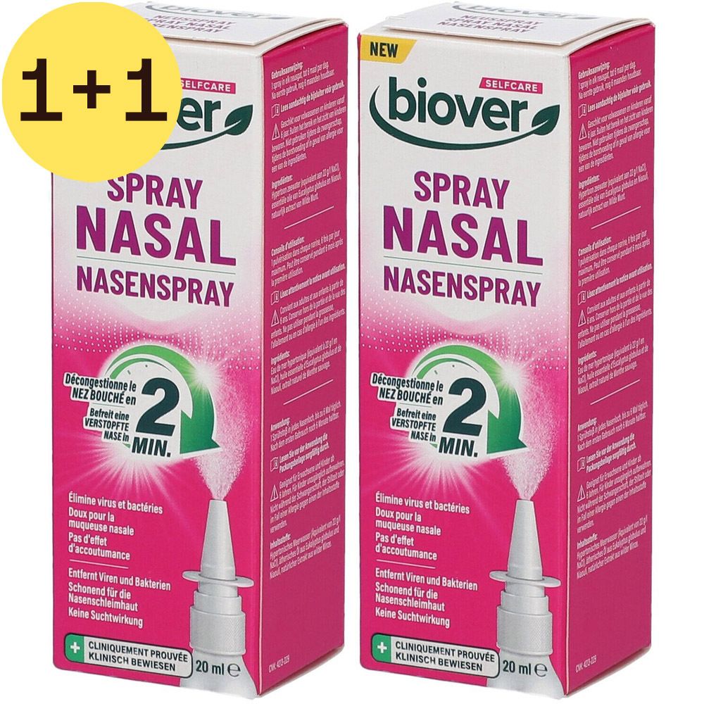 Twee verpakkingen neusspray. Opschrift: Spray Nasal, 2 minuten. Sticker 1+1 gratis. Merk: Biover.