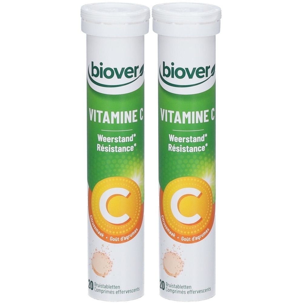 Twee tubes met vitamine C bruistabletten. Opschrift: biover, Vitamine C, Weerstand. Bevat 20 bruistabletten.