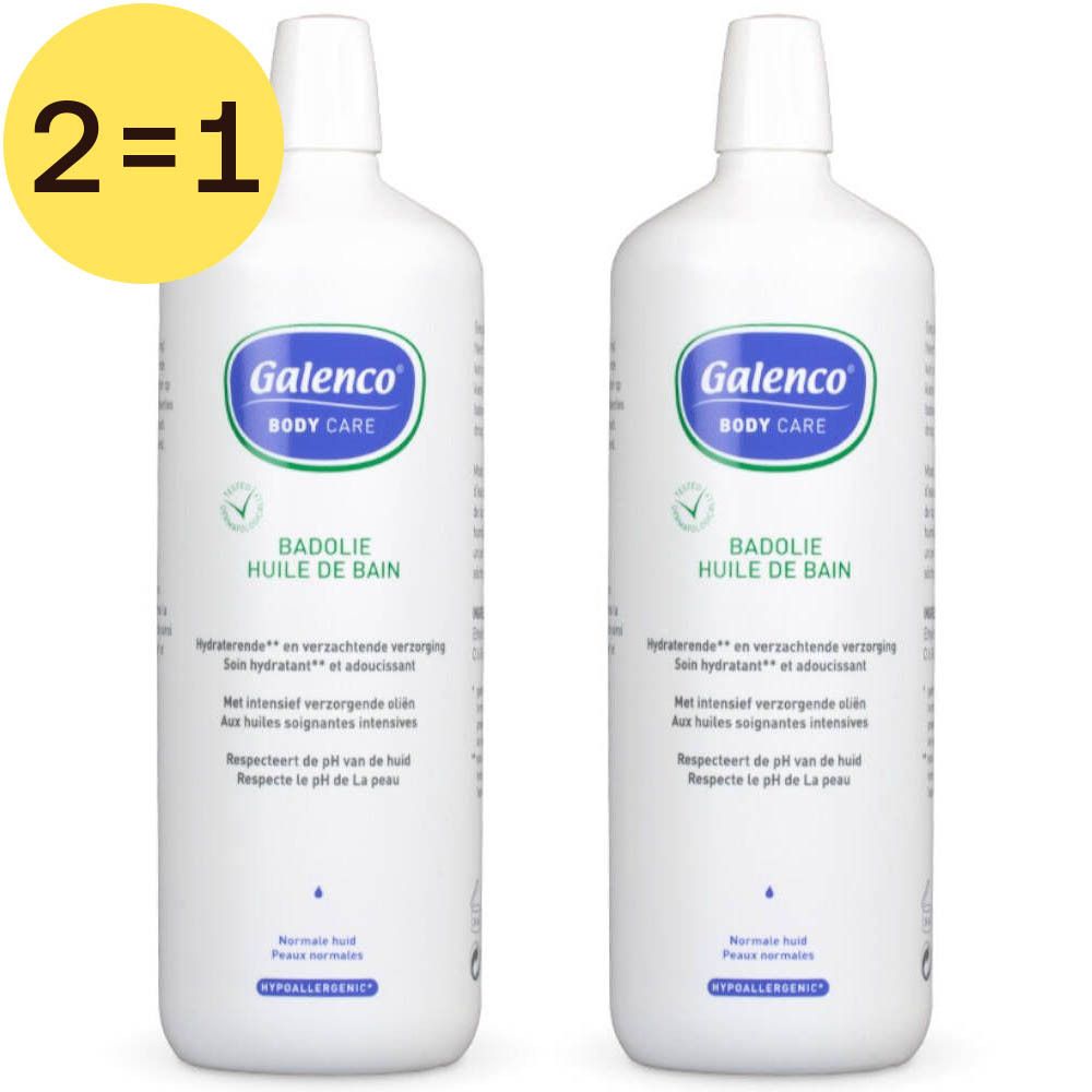 Deux flacons de Galenco Body Care Huile de Bain. Bouteilles blanches avec logo bleu et nom du produit. Étiquette jaune 2=1.