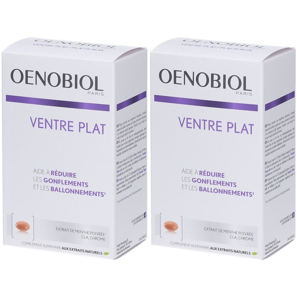Twee witte dozen met paarse accenten. Opschrift: OENOBIOL, VENTRE PLAT. Bevat capsules. Tekst: Aide à réduire les gonflements et les ballonnements.