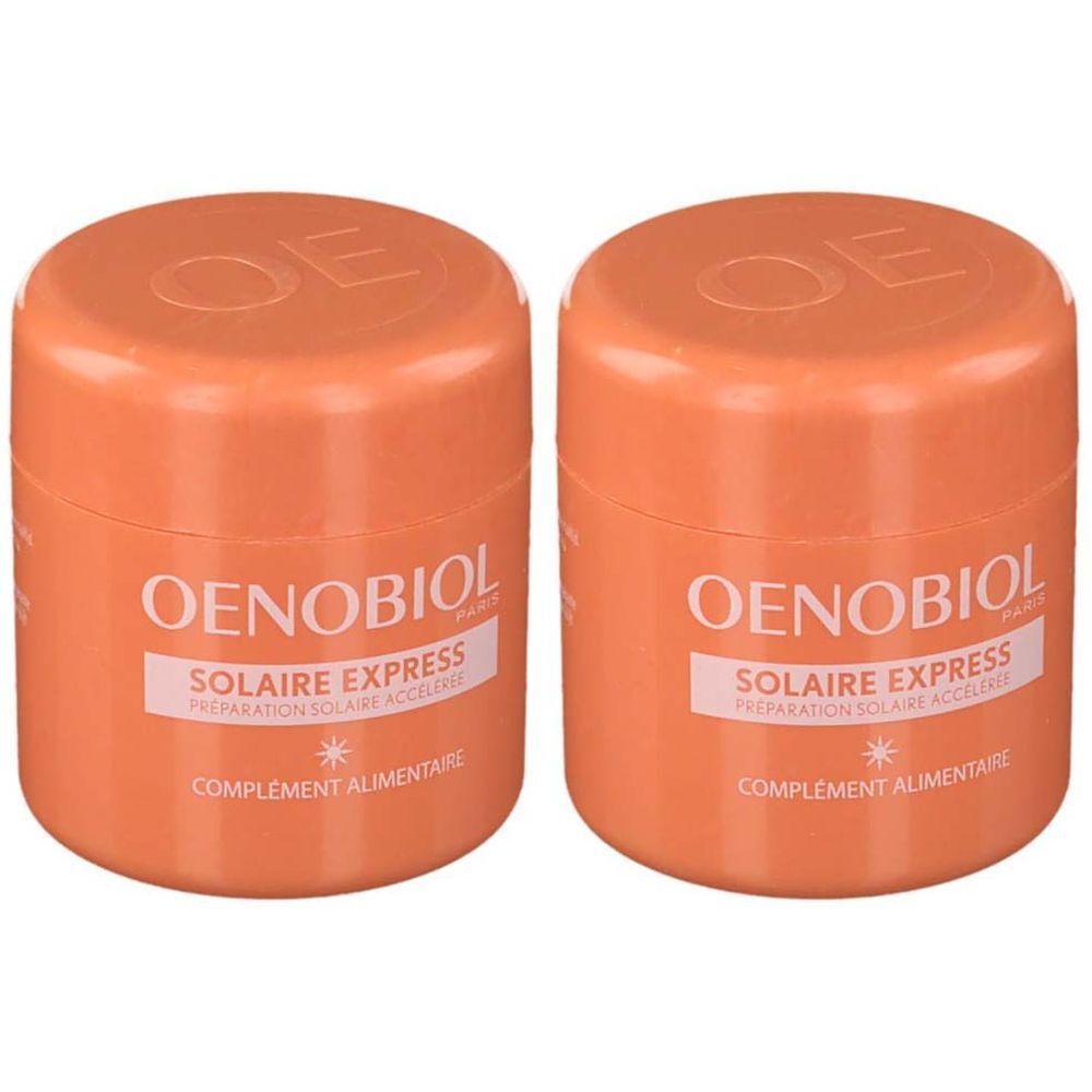 Deux pots oranges avec couvercles. Inscription: Oenobiol Solaire Express, complément alimentaire.