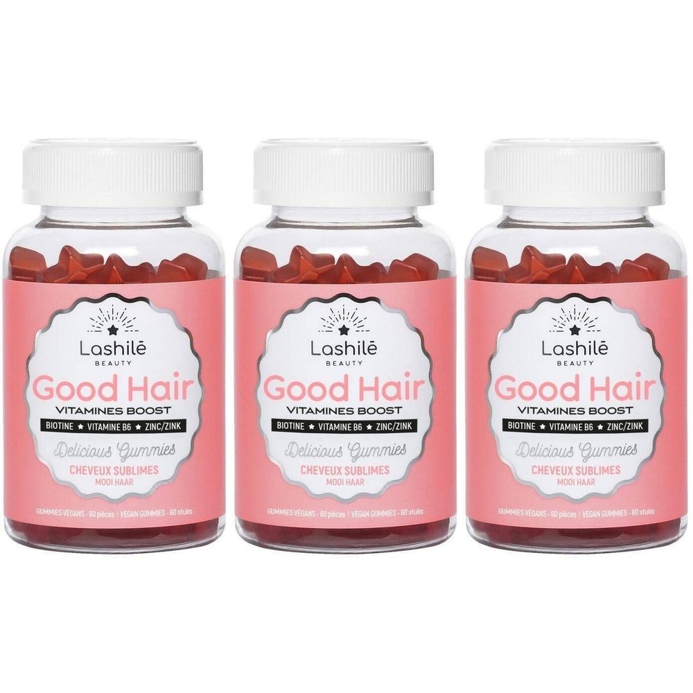 Drie flessen Lashilé Beauty Good Hair. Roze etiketten, witte doppen. Tekst: Vitamines Boost, Biotine, Zink, B6, Delicious Gummies.