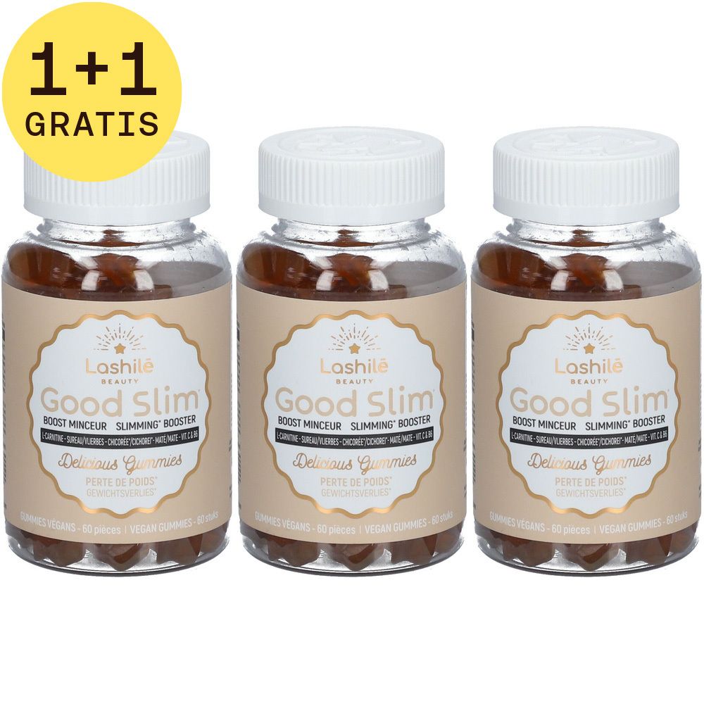 Trois flacons Good Slim. Étiquette avec mention "1+1 GRATUIT".