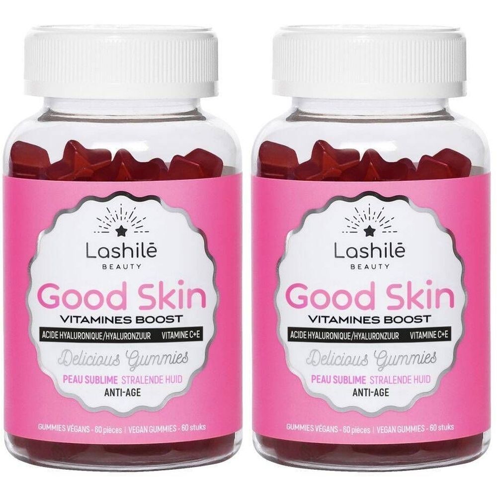 Deux flacons de Lashilé Beauty Good Skin. Étiquette rose avec nom et ingrédients. Flacons transparents avec gommes rouges.