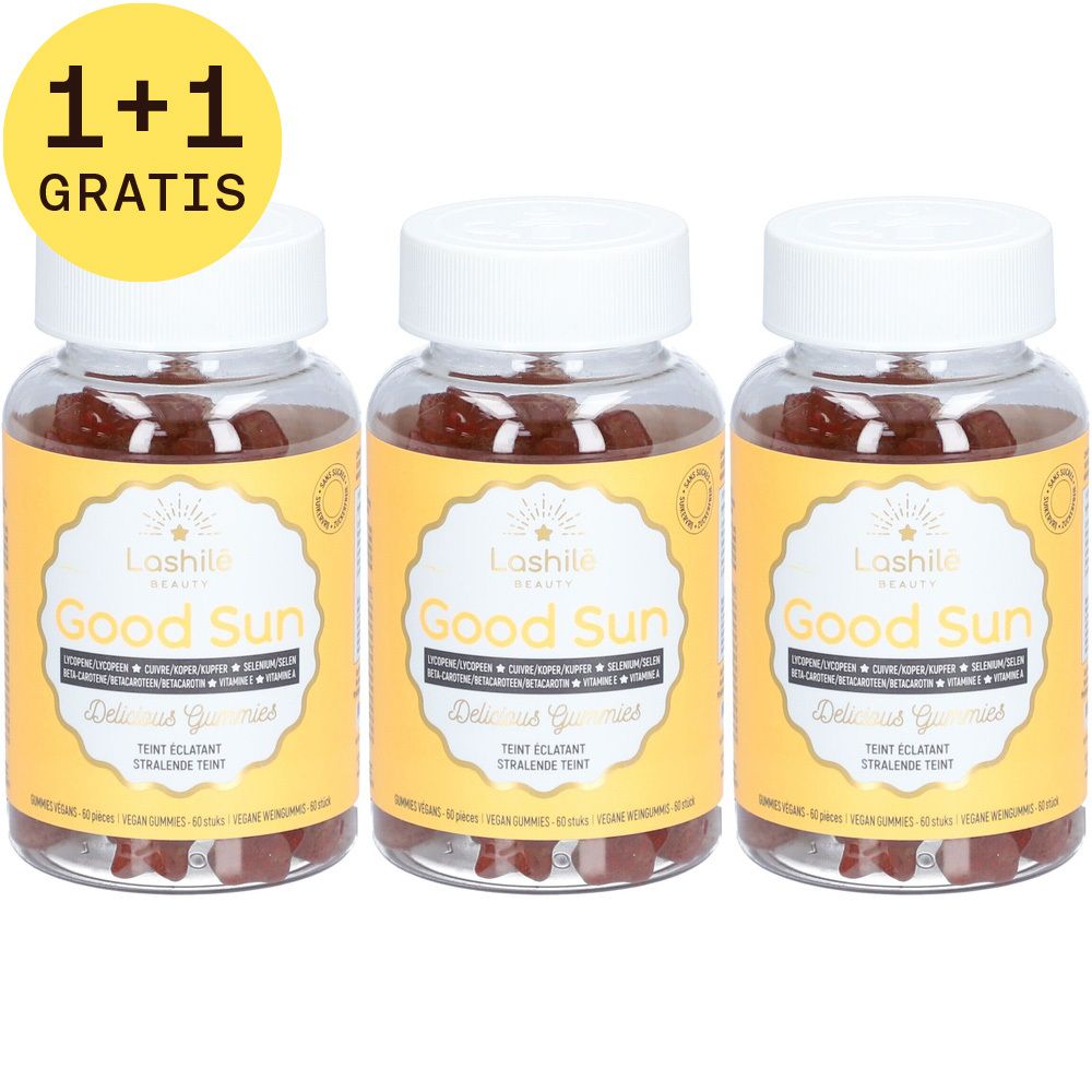 Drie flessen met gele etiketten. Opschrift: Good Sun. Zichtbare gummies. Witte doppen. Gele cirkel met "1+1 GRATIS".