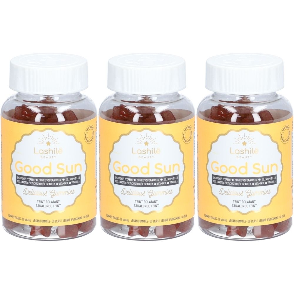 Trois flacons avec étiquettes jaunes. Inscription: Good Sun. Gummies visibles. Bouchons blancs.