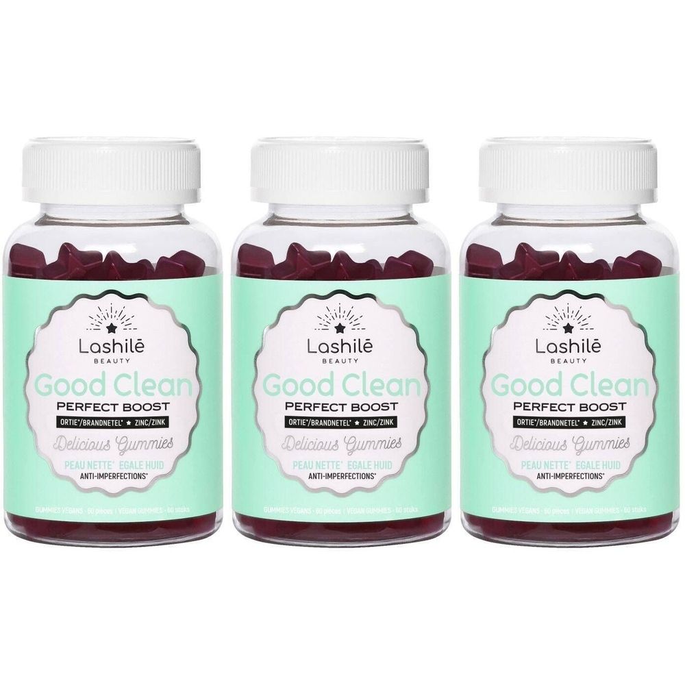 Trois flacons de gummies. Les étiquettes indiquent "Lashilé Beauty Good Clean PERFECT BOOST Delicious Gummies".