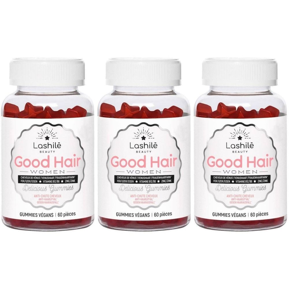 Trois flacons avec bouchons blancs. Étiquettes : "Good Hair Women" et "Lashilé Beauty". Gummies rouges visibles.