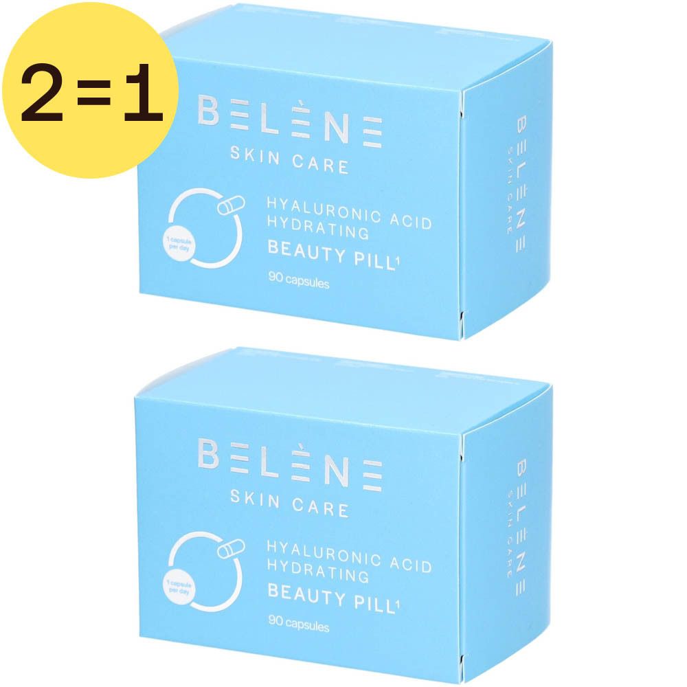 Deux boîtes bleu clair avec "BELENE SKIN CARE" et "HYALURONIC ACID HYDRATING BEAUTY PILL". Inscription "2=1".