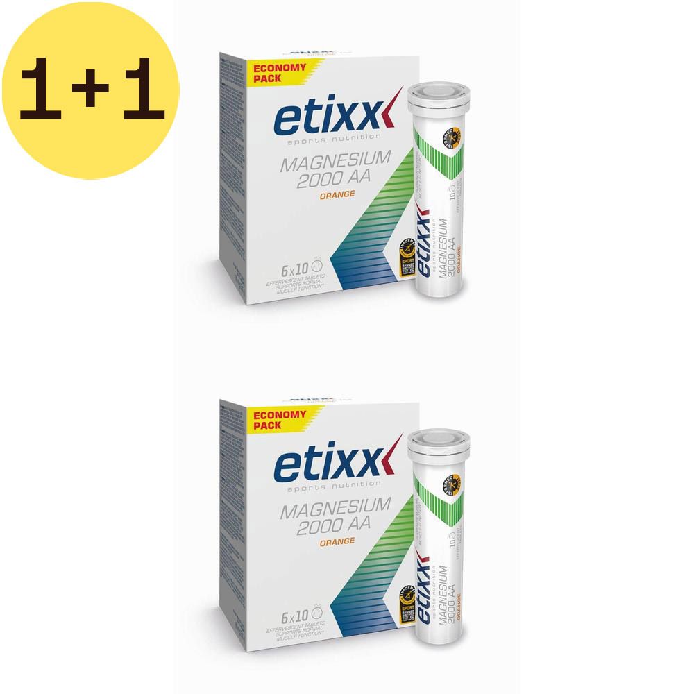 Twee verpakkingen Etixx Magnesium 2000 AA. Elke verpakking bevat tabletten en een tube. Opschrift: 1+1 GRATIS.