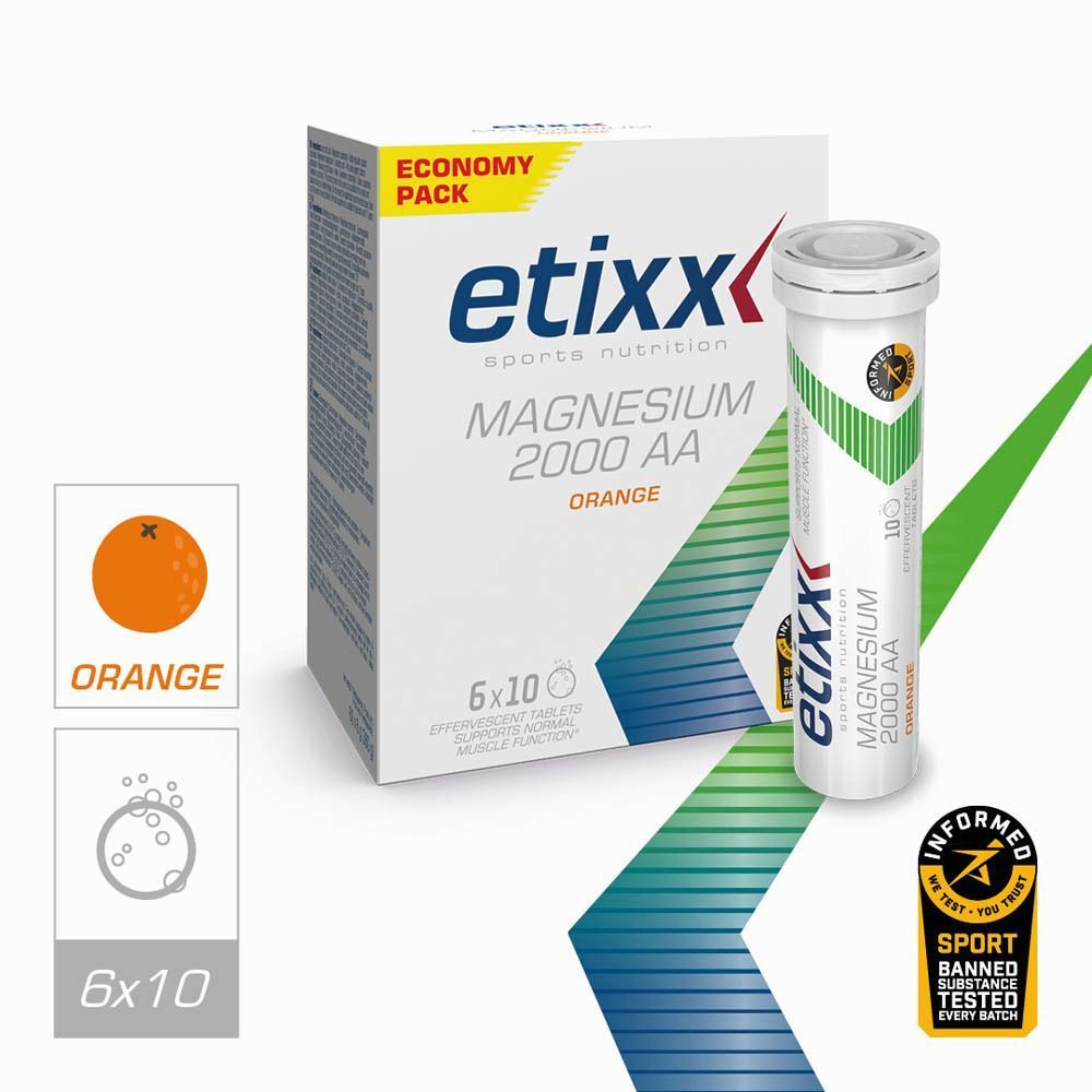Etixx Magnésium 2000 AA, Orange. Boîte de 6x10 comprimés effervescents. Tube et boîte avec logo et texte.