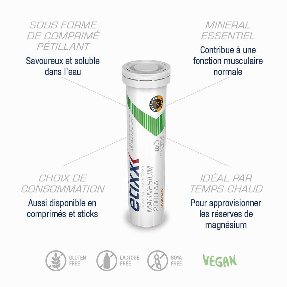 Tube Etixx Magnésium 2000 AA. Inscriptions: minéral essentiel, choix de consommation, idéal par temps chaud, sans gluten, lactose, soja, vegan.