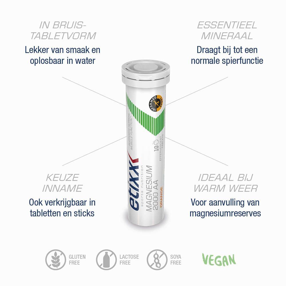 Etixx Magnesium 2000 AA tube. Opschriften: essentieel mineraal, keuze inname, ideaal bij warm weer, glutenvrij, lactosevrij, sojavrij, vegan.