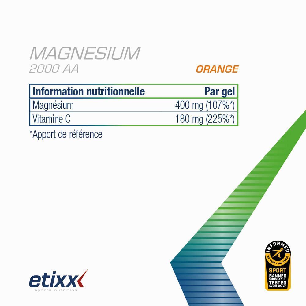 Informations nutritionnelles pour Etixx Magnésium 2000 AA, Orange. Magnésium 400 mg (107%), Vitamine C 180 mg (225%).