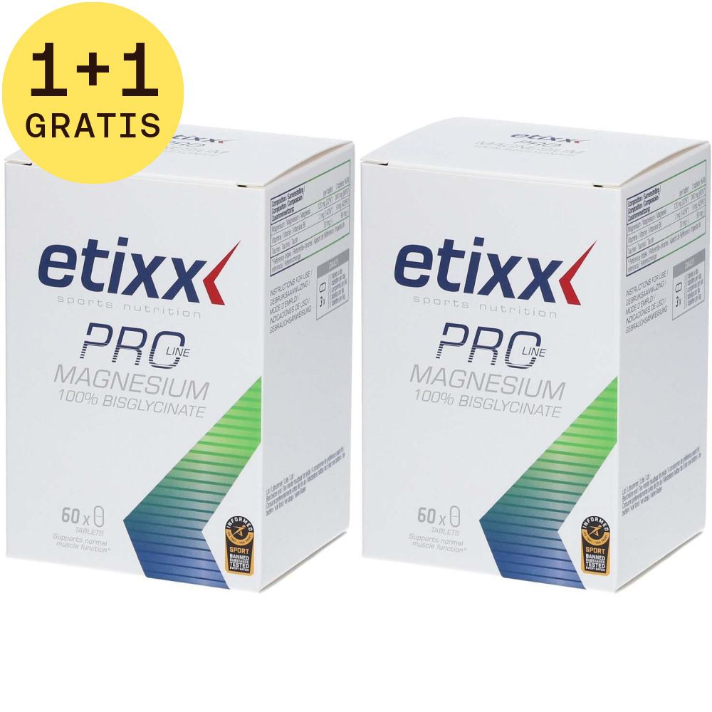 Twee dozen Etixx Magnesium 100% Bisglycinate PRO LINE. Opschrift "1+1 GRATIS".