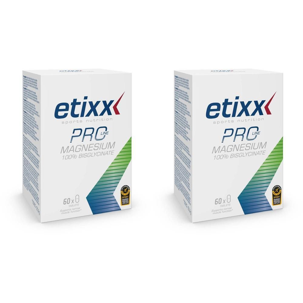 Twee witte dozen met blauwe en groene graphics. Opschrift: etixx PRO Magnesium 100% Bisglycinaat. 60 capsules. Met kwaliteitszegel.