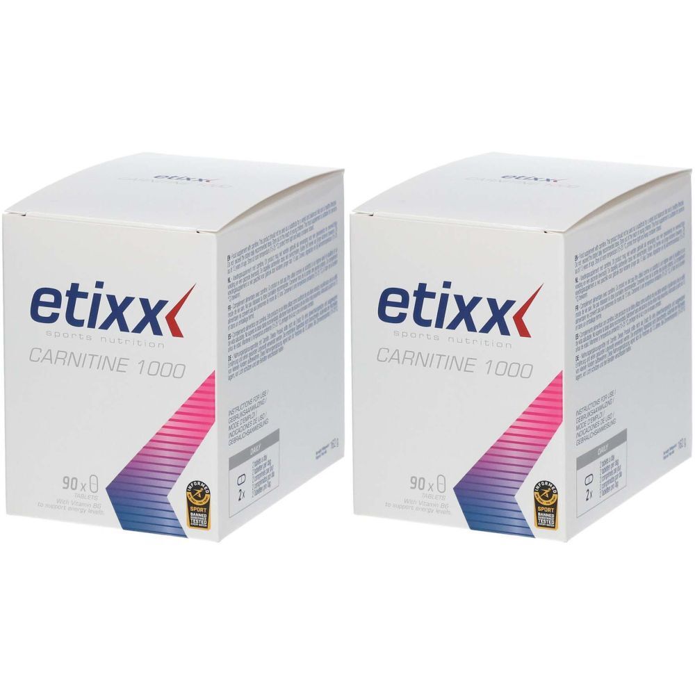Deux boîtes blanches "etixx CARNITINE 1000". Inscriptions: 90x0 et logos. Bandes roses et bleues.