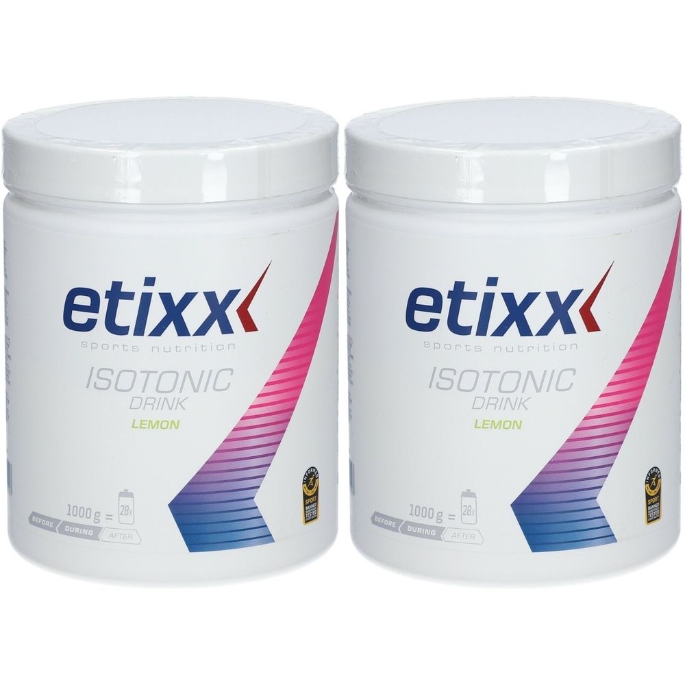 Deux pots blancs avec le logo "etixx". Inscription : ISOTONIC DRINK LEMON. 1000g.