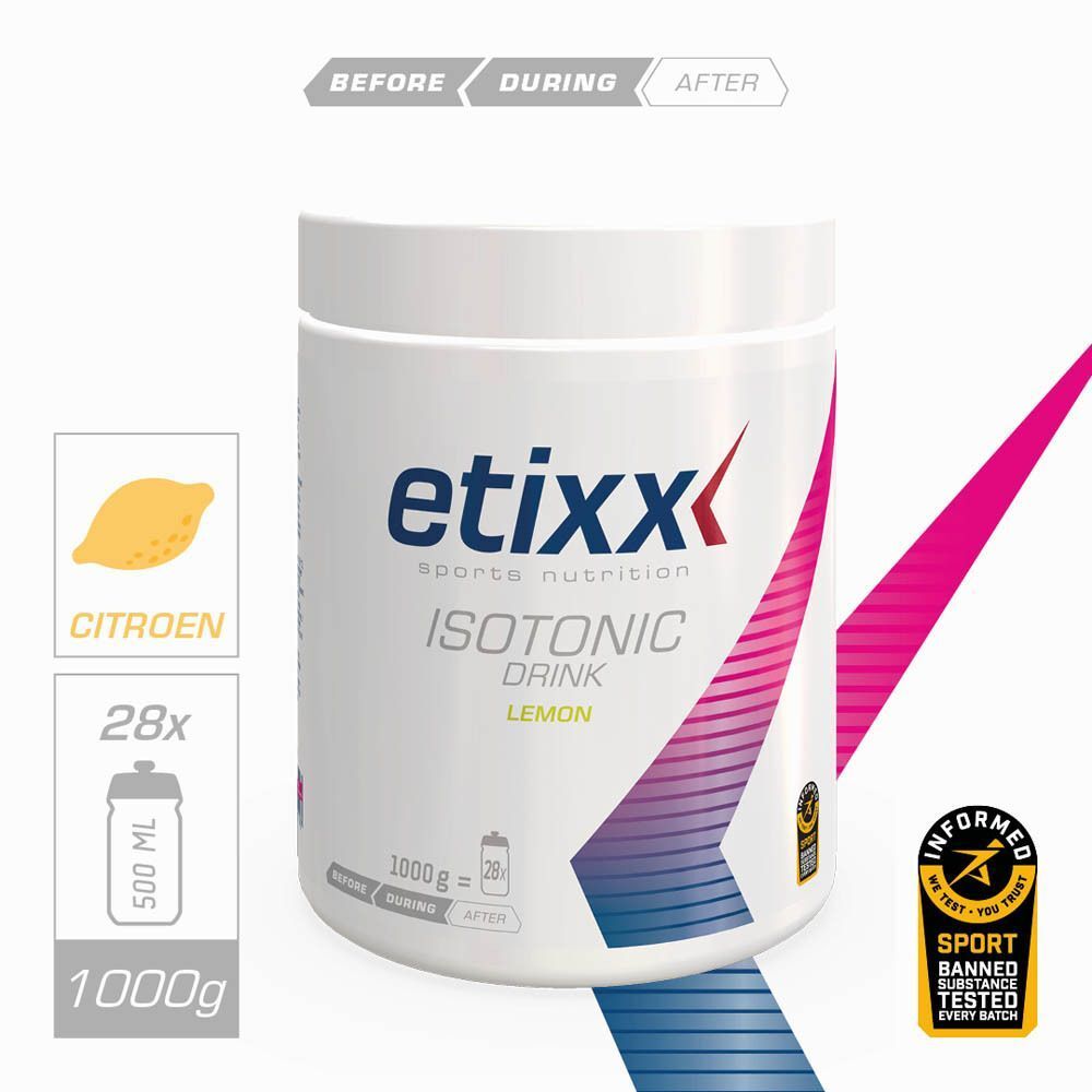 Witte pot met "etixx" logo. Opschrift: ISOTONIC DRINK LEMON. 1000g. Citroen illustratie.