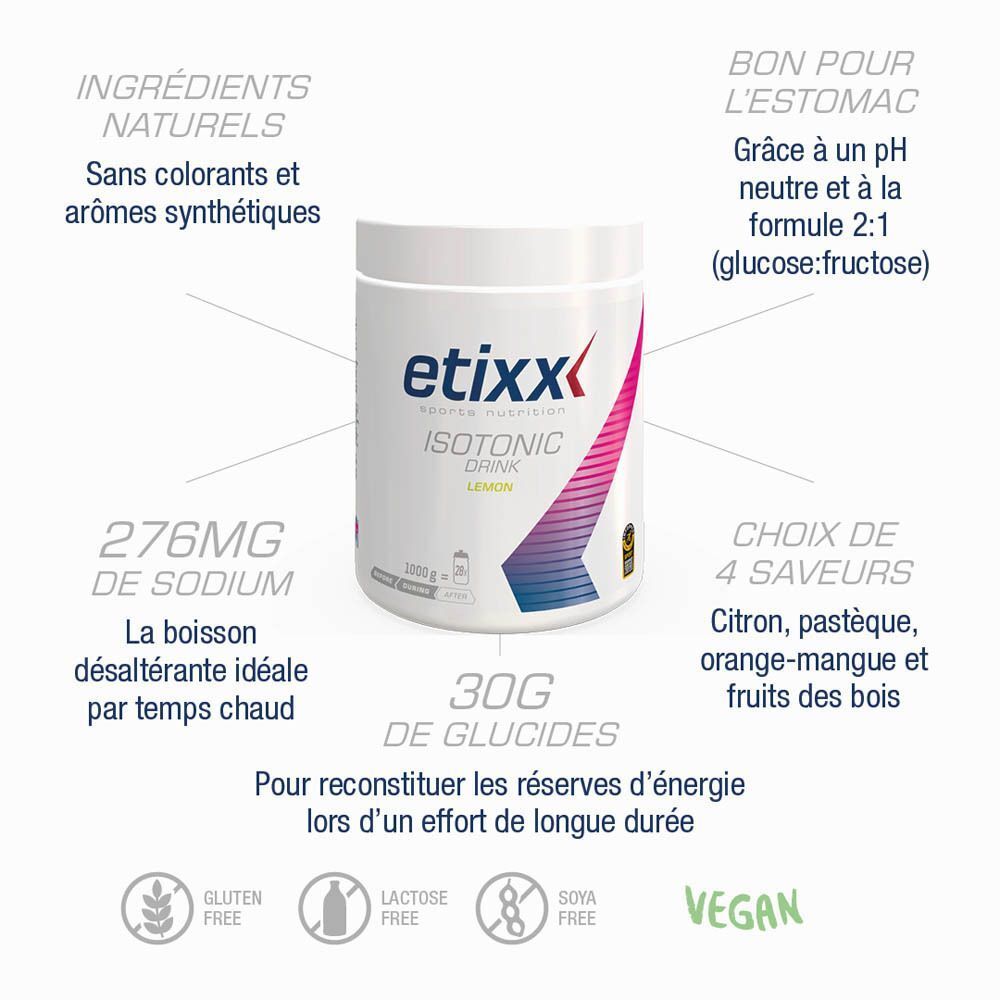 Informations sur le produit "etixx". Contient des informations sur les ingrédients, la valeur nutritionnelle et les saveurs.