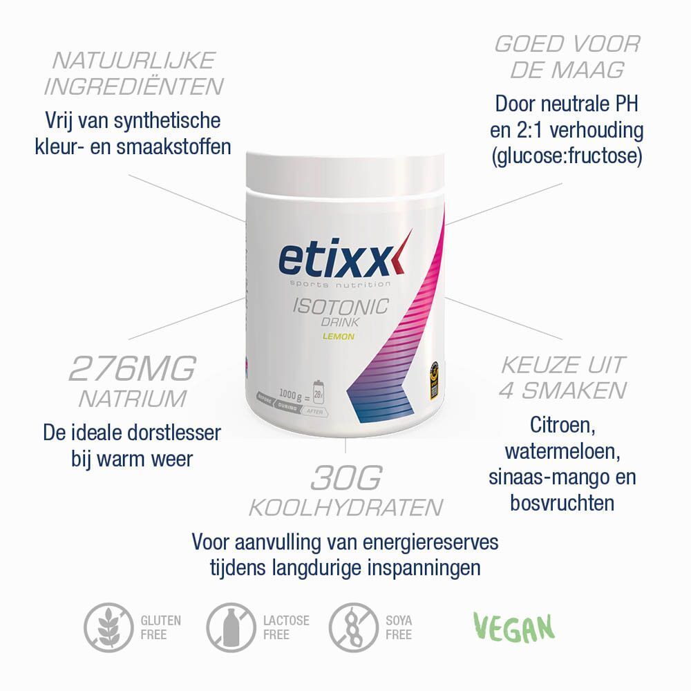 Productinformatie over een "etixx" product. Bevat informatie over ingrediënten, voedingswaarden en smaken.