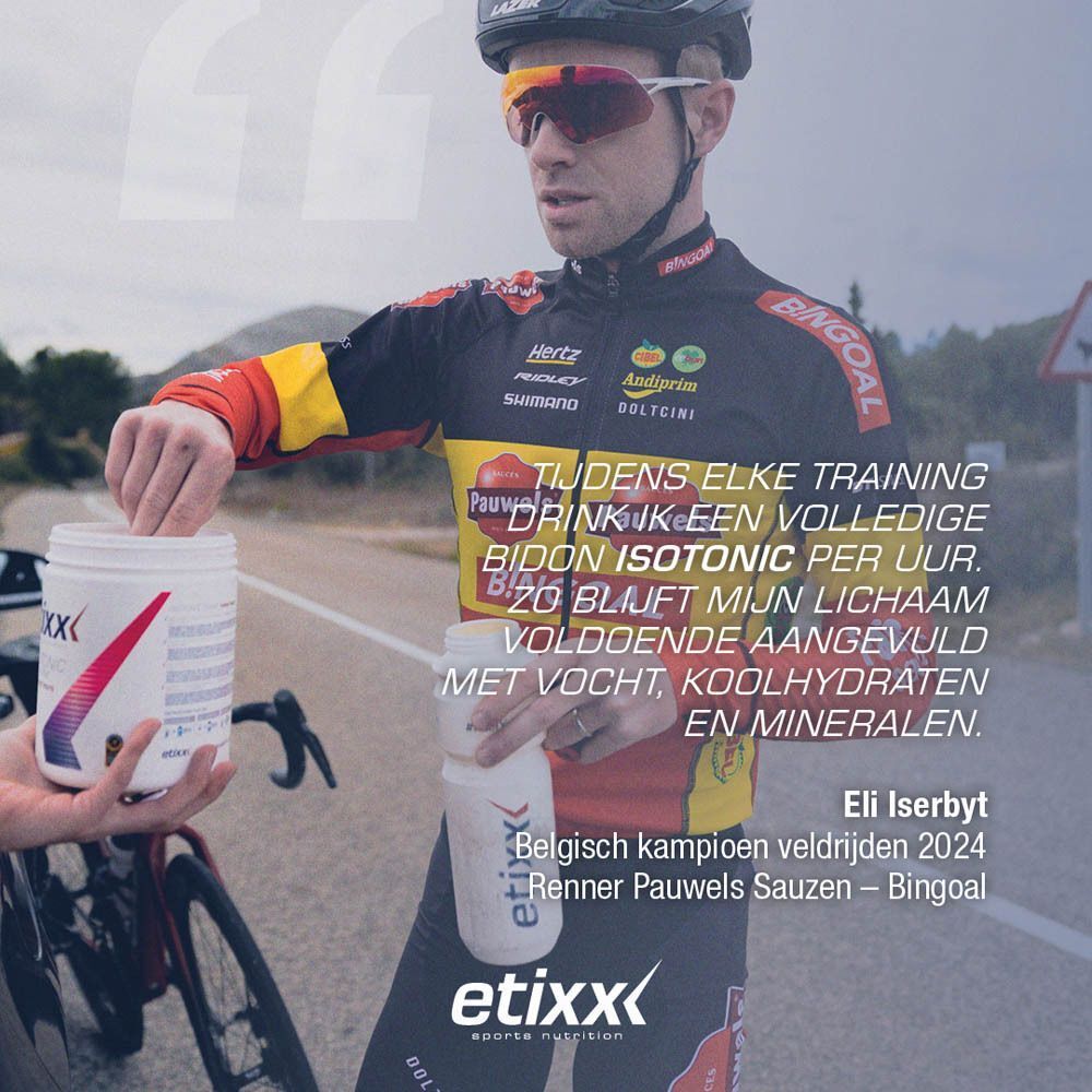 Een man opent een "etixx" pot. Hij houdt een fles vast. Tekst: Eli Iserbyt, Kampioen.