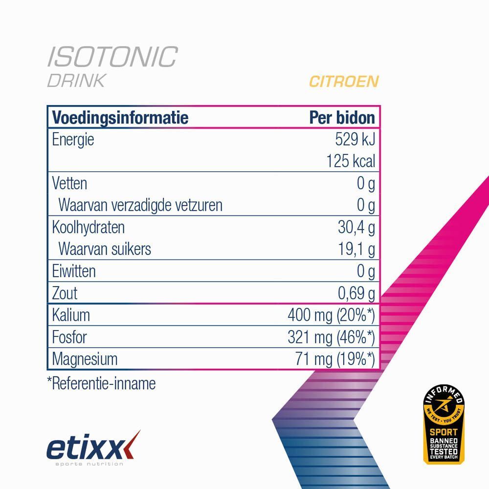 Voedingstabel voor "etixx" ISOTONIC DRINK. Bevat informatie over energie, vetten, koolhydraten, eiwitten en zout.