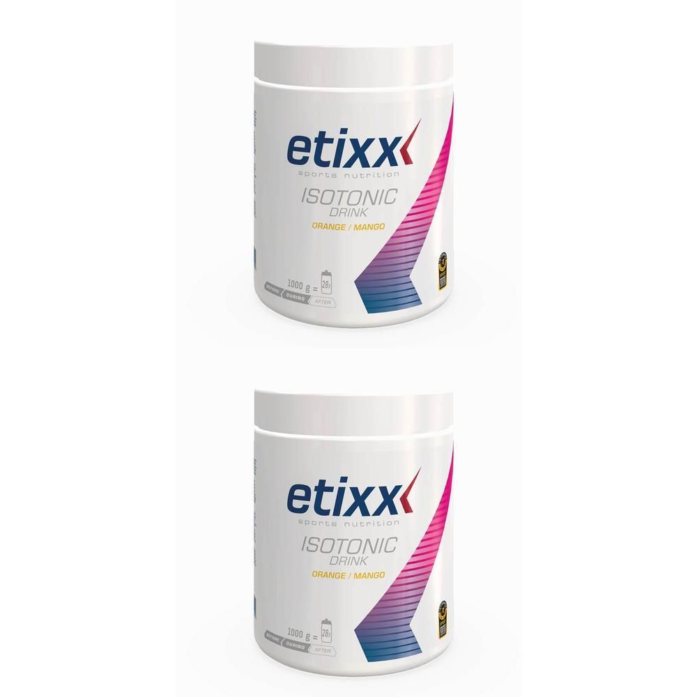 Twee potten Etixx Isotonic Drink Sinaasappel/Mango, 1000g.