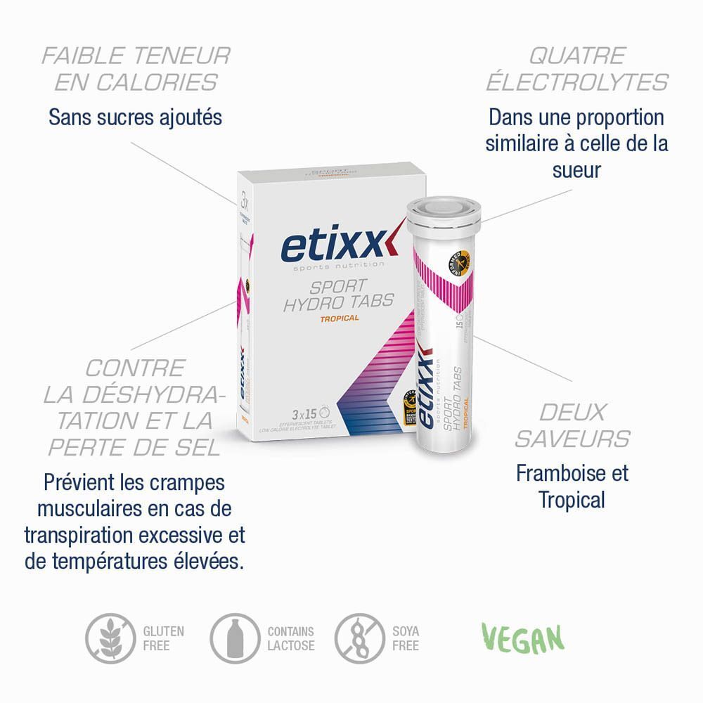 Comprimés effervescents Etixx Sport Hydro Tab framboise : boîte, tube, framboise, bulles.