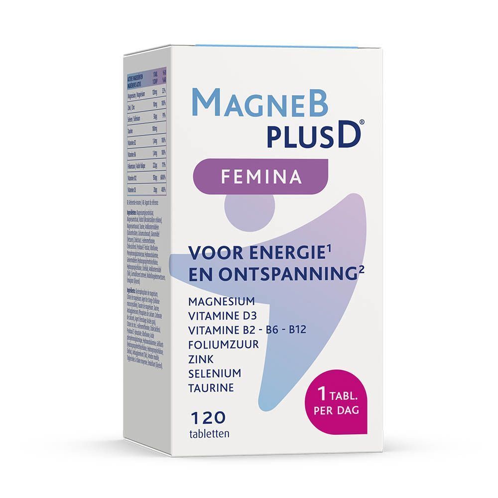 Witte doos MagneB PlusD Femina. Opschrift: Voor energie en ontspanning. Bevat 120 tabletten.