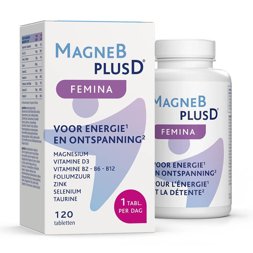 Witte doos en fles MagneB PlusD Femina. Opschrift: Voor energie en ontspanning. 120 tabletten.