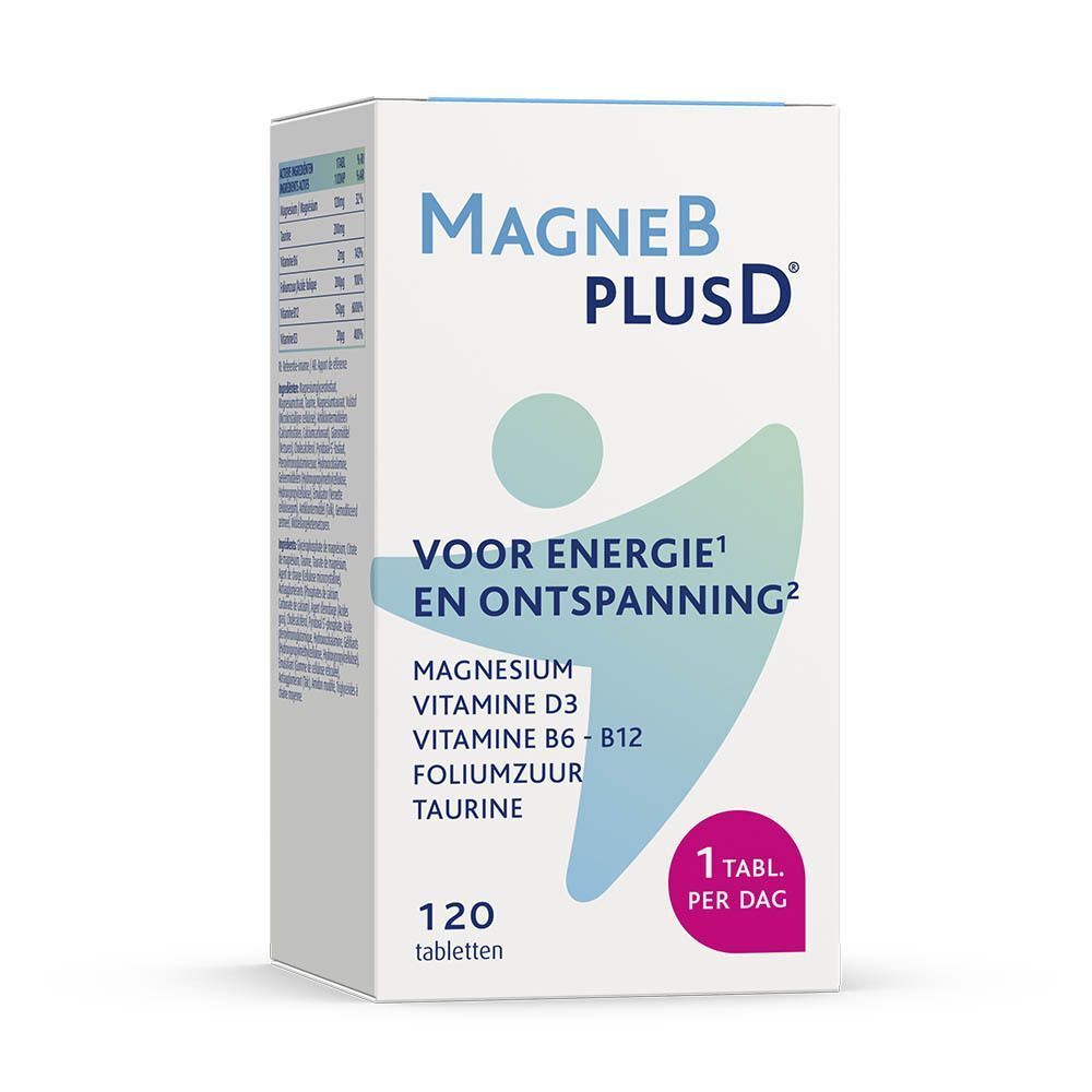 Doos MagneB PlusD. Opschrift: VOOR ENERGIE EN ONTSPANNING, 120 tabletten. Bevat magnesium, vitamine D3, B6-B12, foliumzuur, taurine.